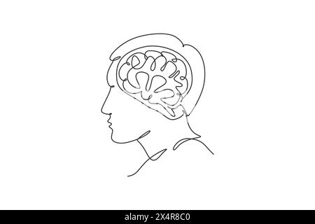 Eine einzelne Linienzeichnung des menschlichen Kopfes mit einem Gehirn im Inneren von der Seite des Logos. Psychologiebüro-Symbol-Logo-Konzept. Dynamische durchgehende Linie Stock Vektor