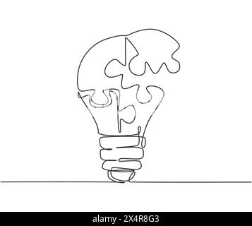 Eine einzelne Linienzeichnung der Glühbirne mit Puzzleteilen, die die Logo-Identität bilden. Teamwork SMART Company Logo Symbol Template Konzept. Kontinuierlich Stock Vektor