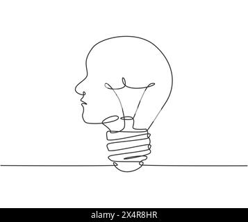 Eine einzeilige Zeichnung des Logos für die Glühlampe des menschlichen Scheinwerfers. Psychologische Intelligenz Logotypikvorlage Konzept. Dynamisches kontinuierliches lin Stock Vektor