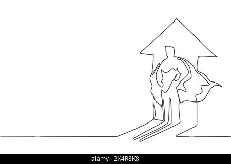 Eine einzige Linie, die jungen männlichen Superheldenschatten auf dem aufsteigenden Pfeil an der Wand zeigt. Superheldenfigur für Kinder Idol Minimal Concept. Modernes Kontinuum Stock Vektor