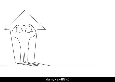 Durchgehende einzeilige Zeichnung eines jungen muskulösen Mannes auf dem oberen Pfeilschild an der Wand. Erfolg Bodybuilder Athlet minimalistisches Konzept. Trendiges Singl Stock Vektor