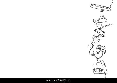 Einzelne durchgehende Linienzeichnung von Kolben, Trophäe, Wecker und Aktenkoffer für Seitenlayout. Minimalistischer Back-to-School-Style. Bildungskonzept. Moder Stock Vektor