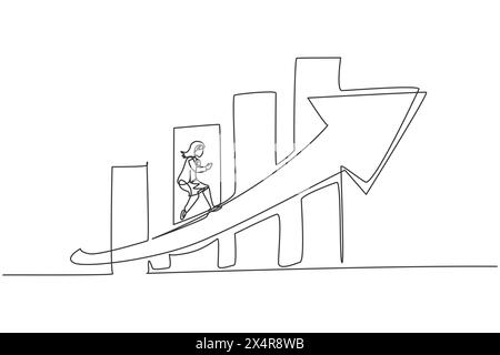 Durchgehende eine Linie, die junge Unternehmerin zeigt, die schnell mit zunehmendem Pfeilsymbol läuft. Success Business Manager minimalistisches Konzept. Trendige Sünde Stock Vektor