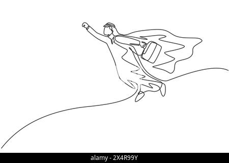 Durchgehende eine Linie, die jungen männlichen Arbeiter-Superhelden fliegt, während er die Aktentasche hält. Success Business Manager minimalistisches Konzept. Trendige Seite Stock Vektor