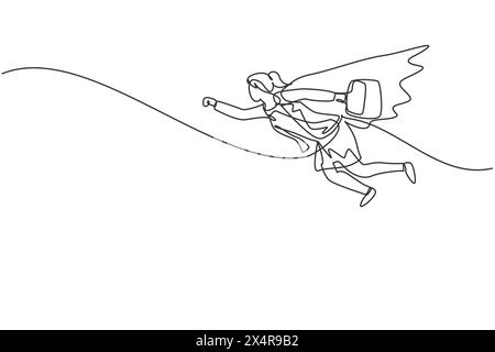 Durchgehende eine Linie, die junge Arbeiterinnen zieht, die hoch über den Himmel fliegen, während sie die Aktentasche halten. Success Business Manager minimalistisches Konzept. Trendige Seite Stock Vektor