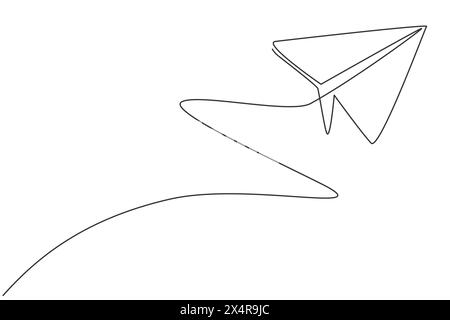 Einzelne durchgehende Linienzeichnung eines fliegenden Papierflugzeugs am Himmel. Minimalistischer Back-to-School-Style. Kinderspielzeugkonzept. Moderne, einzeilige Graphen Stock Vektor