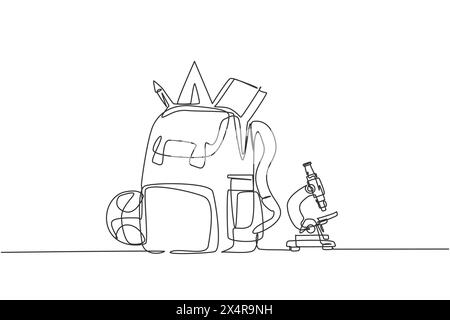Durchgängiges einzeiliges Zeichnen-Schulbeutel-Set, Mikroskop, Buch, Korbball, Buntstift, Stift. Zurück zur Schule handgezeichnetes Minimalismus-Konzept. Einzelne Linie zeichnen Stock Vektor