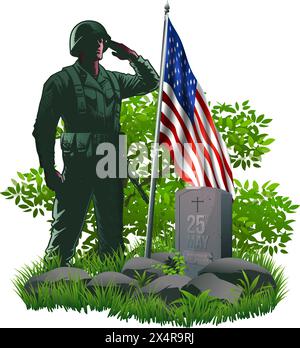 Veteranentag Clipart oder Symbol. Der Soldat stand bei der Beerdigung vor den Grabsteinen und der amerikanischen Flagge Stock Vektor
