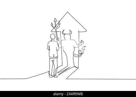 Eine durchgehende Linienzeichnung eines jungen bösen Arbeiters, der seinem Teufelsschatten an der Wand gegenübersteht. Geschäftsmann mit schlechtem Charakter. Minimalismus Konzept Dynamic One lin Stock Vektor