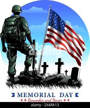 Veteranentag Clipart oder Symbol. Der Soldat stand vor den Grabsteinen und der amerikanischen Flagge Stock Vektor