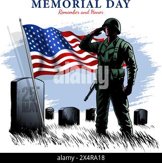 Clipart oder Symbol zum Memorial Day. Soldaten-Silhouette, die die US-Flagge grüßt Stock Vektor