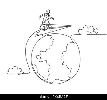 Durchgehende Linie, die junge arabische Arbeiterinnen zieht, die um die Welt fliegen. Erfolgreiche Geschäftsreise. Minimalistisches Metapher-Konzept. Einzeilig d Stock Vektor