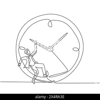 Eine einzige Zeilenzeichnung eines jungen Geschäftsmannes, der im Uhrzeigersinn an einer riesigen analogen Uhr hängt. Metapher-Konzept für Geschäftszeitdisziplin. Modern durchgehend Stock Vektor