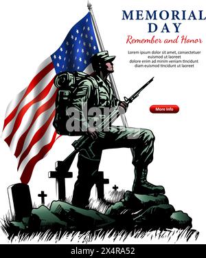 Patriot Day, Memorial Day oder Unabhängigkeitstag Konzept, Soldat bei Begräbnis mit Grabsteinen und US-Flagge Illustration Stock Vektor