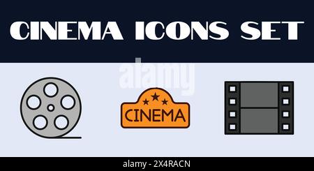 Film Cinema Icons Set Vektor. Illustration der Filmlinien. Kino. Stock Vektor