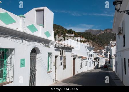 Weiß getünchte Gebäude säumen die engen Gassen und Gassen des „Weißen Dorfes“ von Frigiliana, Andalusien, Spanien Stockfoto