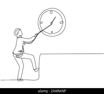 Durchgehende eine Linie, die junge männliche Arbeiter zieht im Uhrzeigersinn große analoge Uhr an der Wand. Minimalistisches Zeitmanagement-Konzept. Eine Zeile Stock Vektor