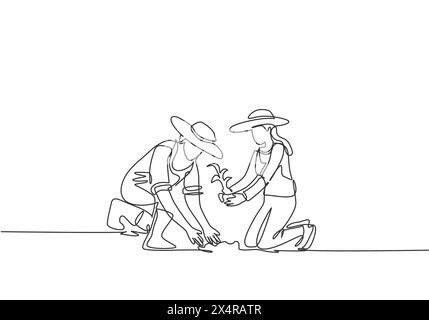 Einzelne durchgehende Linienzeichnung Paar Landwirt pflanzt Pflanzentriebe in den Boden. Starten Sie die Pflanzperiode. Minimalismus-Metapher-Konzept. Dynamisches Modell Stock Vektor