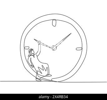 Durchgehende eine Linie, die junge arabische männliche Arbeiter zeigt, die an einer riesigen Analoguhr im Uhrzeigersinn hängen. Metapher-Konzept für Geschäftszeitdisziplin. Eine Zeile Stock Vektor
