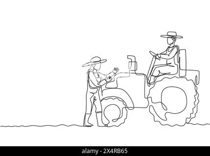 Einzelne durchgehende Linienführung männlicher Landwirt fährt einen Traktor, um die Felder zu pflügen, und weibliche Bauern halfen. Erfolgreiche landwirtschaftliche Herausforderung Minimalkonzept. Stock Vektor