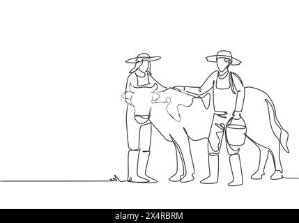 Durchgehend eine Linie ziehen männliche Landwirte, die die Kuh reiben, während sie einen Eimer Wasser tragen. Die weiblichen Landwirte haben geholfen. Erfolg der Landwirtschaft minimalistisches Konzept. S Stock Vektor