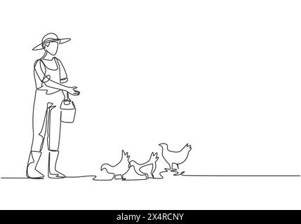 Eine durchgehende Linie zieht Junglandwirte, die die Hühner mit Hühnerfutter füttern. Erfolgreiche landwirtschaftliche Tätigkeiten minimalistisches Konzept. Eine Zeile Stock Vektor