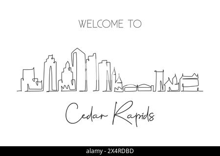 Eine durchgehende Linienzeichnung der Skyline von Cedar Rapids, Iowa. Wunderschönes Wahrzeichen. Welt Landschaft Tourismus Reise Heim Wand Dekor Poster Druck Kunst. S Stock Vektor