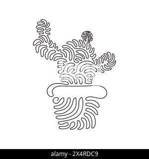 Einzelne durchgehende Linie, die tropische Kaktuspflanze in Topf zieht. Bedruckbares dekoratives Zimmerpflanzenkonzept für Wohnwanddekorationen. Wirbeln Sie die Locke Stock Vektor