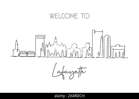 Eine durchgehende Linienzeichnung der Skyline von Lafayette, Louisiana. Wunderschönes Wahrzeichen. Welt Landschaft Tourismus Reise Heim Wanddekoration Poster Druck. Stall Stock Vektor