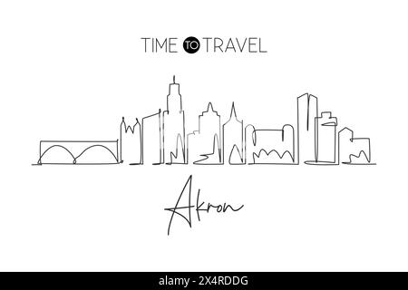 Einzelne durchgehende Linie, die die Skyline der Stadt Akron, Ohio, zeichnet. Berühmte Stadt-Kratzer-Landschaft. World Travel Home Wanddekor Kunstdruck Konzept. Modern Stock Vektor