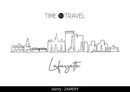 Einzelne durchgehende Linienzeichnung der Skyline von Lafayette, Louisiana. Berühmte Stadt-Kratzer-Landschaft. World Travel Home Wanddekor Kunstdruck Konzept. Stock Vektor