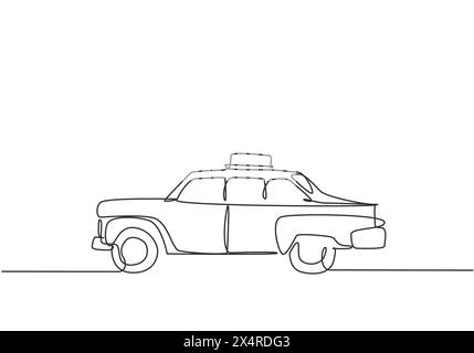 Durchgehende einzeilige Linien mit alten Taxiwagen, die noch in Betrieb sind, dienen den Fahrgästen, um zu historischen Orten zu gelangen. Vintage-Ferieneinrichtungen. Si Stock Vektor