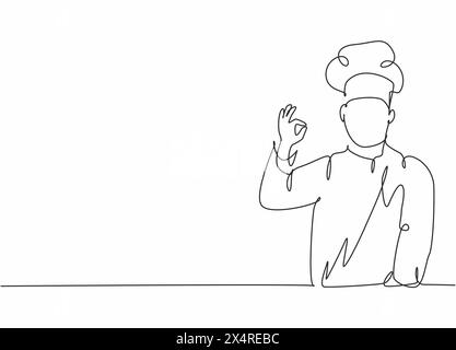 Einzelne durchgehende Linienzeichnung junger aufgeregter, attraktiver männlicher Koch posiert stehend und gibt eine gute Geste. Restaurantbanner Concept One lin Stock Vektor