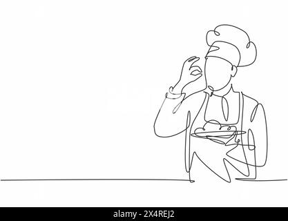 Eine einzige Zeilenzeichnung eines jungen, attraktiven männlichen Küchenchefs, der eine ausgezeichnete Geschmacksgeste zu einem köstlichen Hauptgericht macht, das er servierte. Das Hotelrestaurant ist trendig Stock Vektor