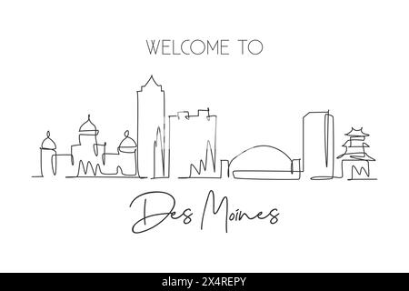 Eine durchgehende Linienzeichnung der Skyline von des Moines, Iowa. Wunderschönes Wahrzeichen. Welt Landschaft Tourismus Reise Wand Dekor Poster Kunst, Postkarte. Styl Stock Vektor