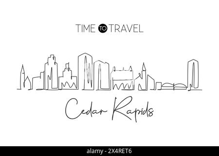 Einzelne durchgehende Linienzeichnung der Skyline von Cedar Rapids, Iowa. Berühmte Stadt-Kratzer-Landschaft. World Travel Home Wanddekor Kunstdruck Konzept. Mo Stock Vektor