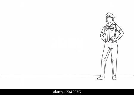 Durchgehende einzeilige Zeichnung junger, schöner Polizisten auf Uniform, die mit Händen an der Hüfte stehen. Professionelles Berufsbild minimalistisches Konzept. Si Stock Vektor