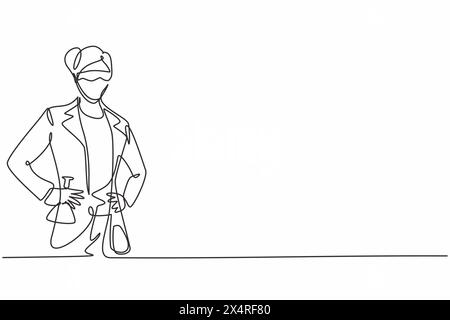 Einzelne durchgehende Linienzeichnung einer jungen Wissenschaftlerin, die eine Flasche mit Händen an der Hüfte hält. Beruflicher Berufsberuf. Minimalismus Concept One lin Stock Vektor