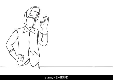 Ein einziger Schweißgerät mit Geste OK arbeitet bei der Konstruktion von Gebäuden, die einen Stahlrahmen bilden, der durch Feuer geschmolzen wird. Dynamisches Modell Stock Vektor