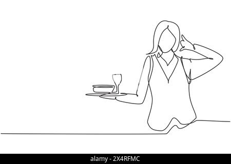 Durchgehend eine Linie zeichnende Kellnerin mit Call Me Geste und brachte ein Tablett mit Trinkgläsern für Besucher in der Cafeteria. Berufstätigkeit. Singen Stock Vektor