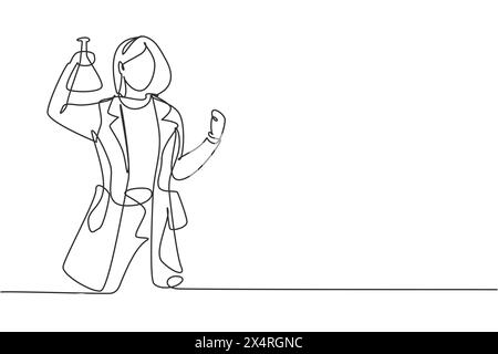 Eine einzige Linie zeichnet Wissenschaftlerin mit Feiern Geste und hält das Messrohr, um chemische Lösung zu untersuchen, um Impfstoff herzustellen. Kontinuierlich Stock Vektor