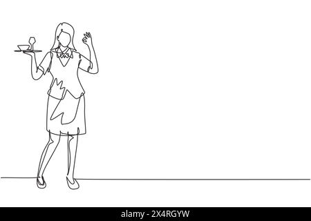 Durchgehende einzeilige Bedienung stand mit Geste in Ordnung auf und brachte ein Tablett mit Trinkgläsern, um den Restaurantgästen anzubieten. Berufstätigkeit. Sünde Stock Vektor