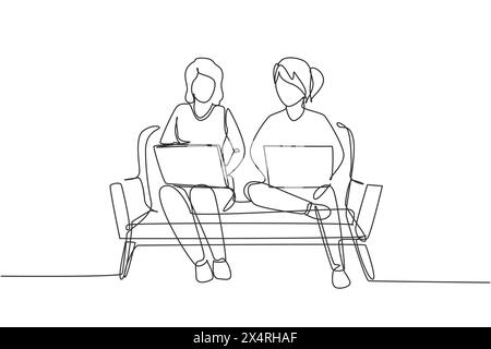 Durchgehende Linie, die zwei Frauen mit einem Laptop auf dem Sofa zeigt. Freiberufler, Fernunterricht, Online-Kurse und Studienkonzept. Si Stock Vektor