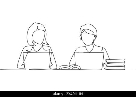 Durchgehende eine Linie, die zwei junge Frau zeichnet, die mit Laptop und Büchern studiert. Zurück zur Schule, intelligente Schüler, Online-Bildungskonzept. Si Stock Vektor