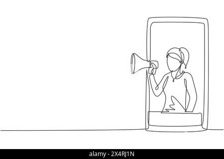Durchgehende eine Linie, die junge Frau zeichnet, die aus dem Smartphone kommt und Megaphon hält. Angebot von Produkten mit Rabatten. Marketingkonzept. Einfach Stock Vektor