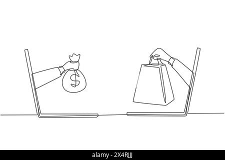 Eine einzige Linie, die zwei Hände aus dem Laptop-Bildschirm zieht, um Einkaufstaschen gegen Geldbeutel zu tauschen. Verkauf, digitales Zahlungskonzept. Modern durchgehend Stock Vektor