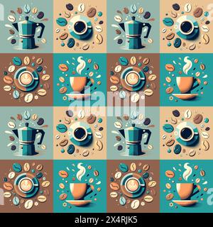 Vektor Vintage Cartoon Kaffee nahtloser Hintergrund, Kaffeetasse und buntes Kaffeebohnen Muster Stock Vektor