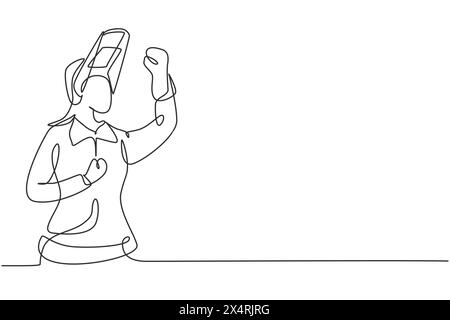 Einzelne durchgehende Linienzeichnung weiblicher Schweißer mit Feiern Gestenarbeiten in der Konstruktion des Gebäudes, der Stahlrahmen bildet, der durch Feuer geschmolzen wird. Eins Stock Vektor