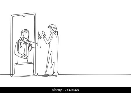 Eine einzige Zeile zeichnet arabischer männlicher Patient, der Smartphone hält, steht mit Blick auf das riesige Smartphone und berät männlichen Arzt. Arzt online. Moderne Verbindung Stock Vektor