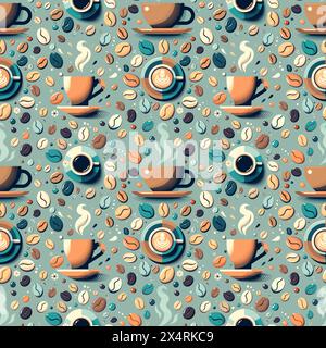 Vektor Vintage Cartoon Kaffee nahtloser Hintergrund, Kaffeetasse und buntes Kaffeebohnen Muster Stock Vektor